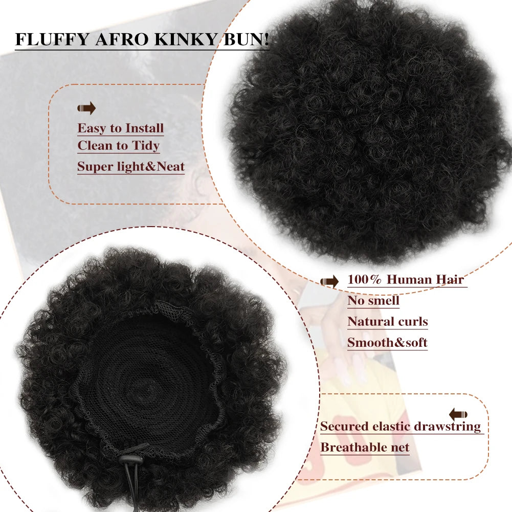 100% Human Hair Afro Kinky Puffs Drawstring Ponytail Extensions for Black Women 4# 99J 30# Kinky Curly Afro Puff Dount Chignon