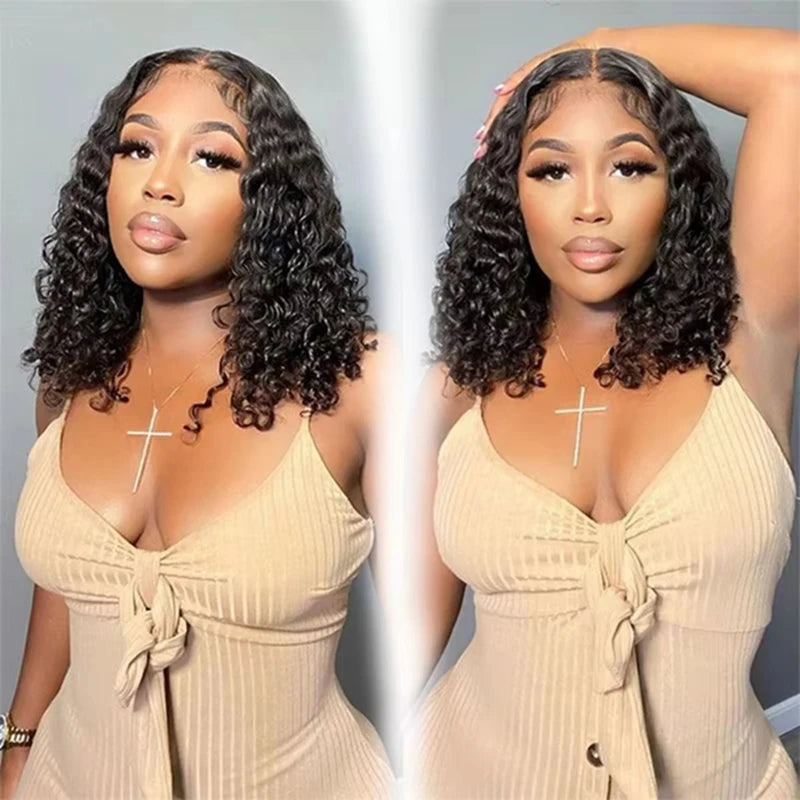 Deep Wave 13x4 Lace Frontal Bob Wig 200% Density Brazilian Pre Plucked 100% Human Hair Wigs #1B Water Wave Invisible Lace Wigs