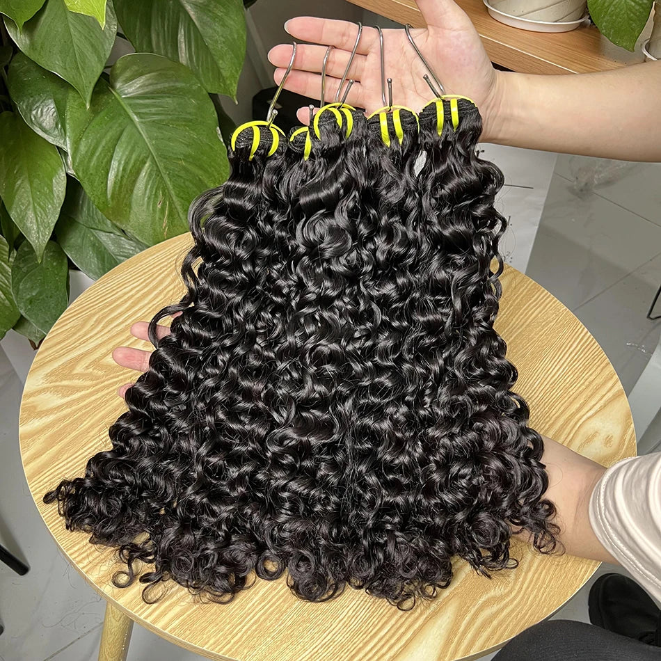 Double Drawn Water Wave Human Hair Bundles 100% Raw Virgin Human Hair Weave Extensions #1b Natural Color 10A Wavy Curl For Women