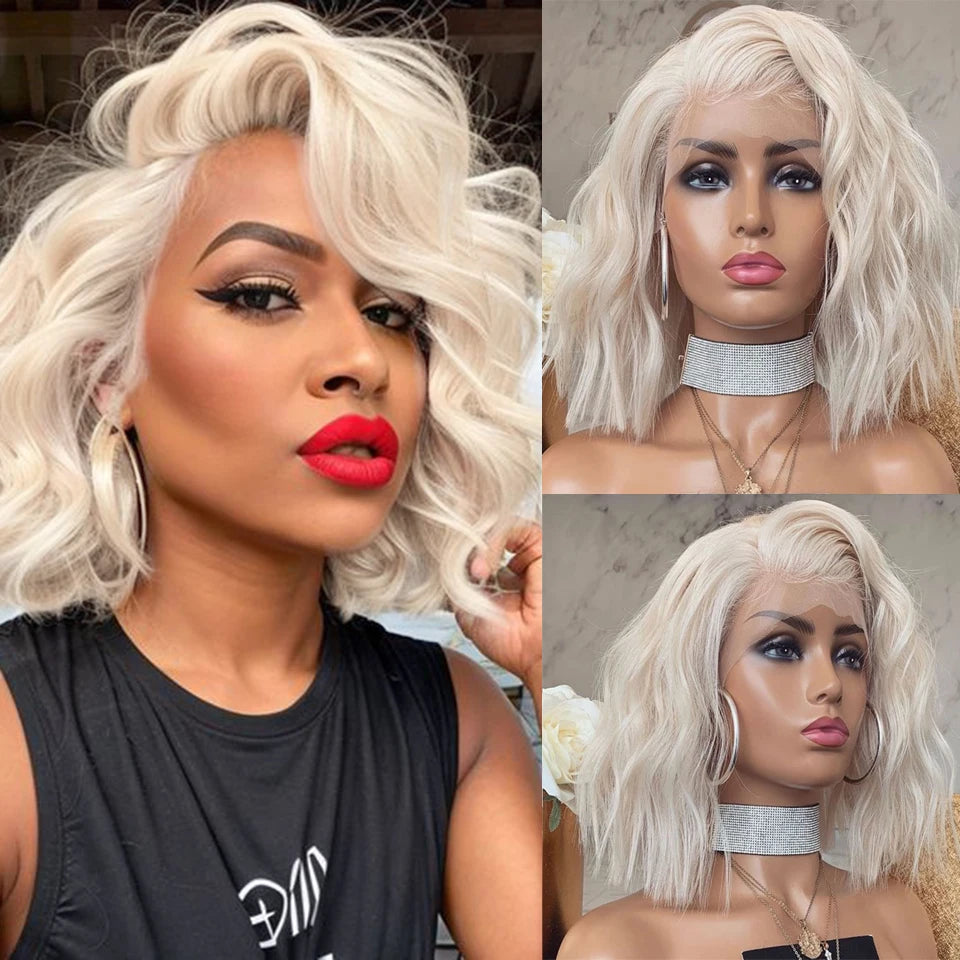 Charisma 60 Platinum Blonde Wig Synthetic Lace Front Wigs For Women Short Bob Style Wavy Hair Blond Frontal Wigs Cosplay