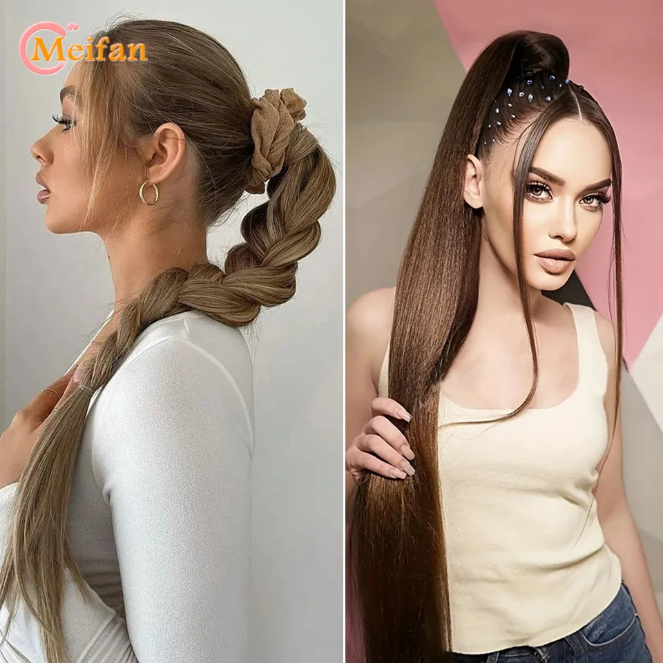 MEIFAN 18-32Inch Long Straight Ponytail Extension with Elastic Tie Natural Soft Fake Pony Tail Synthetic DIY Ponytail Hairpiece