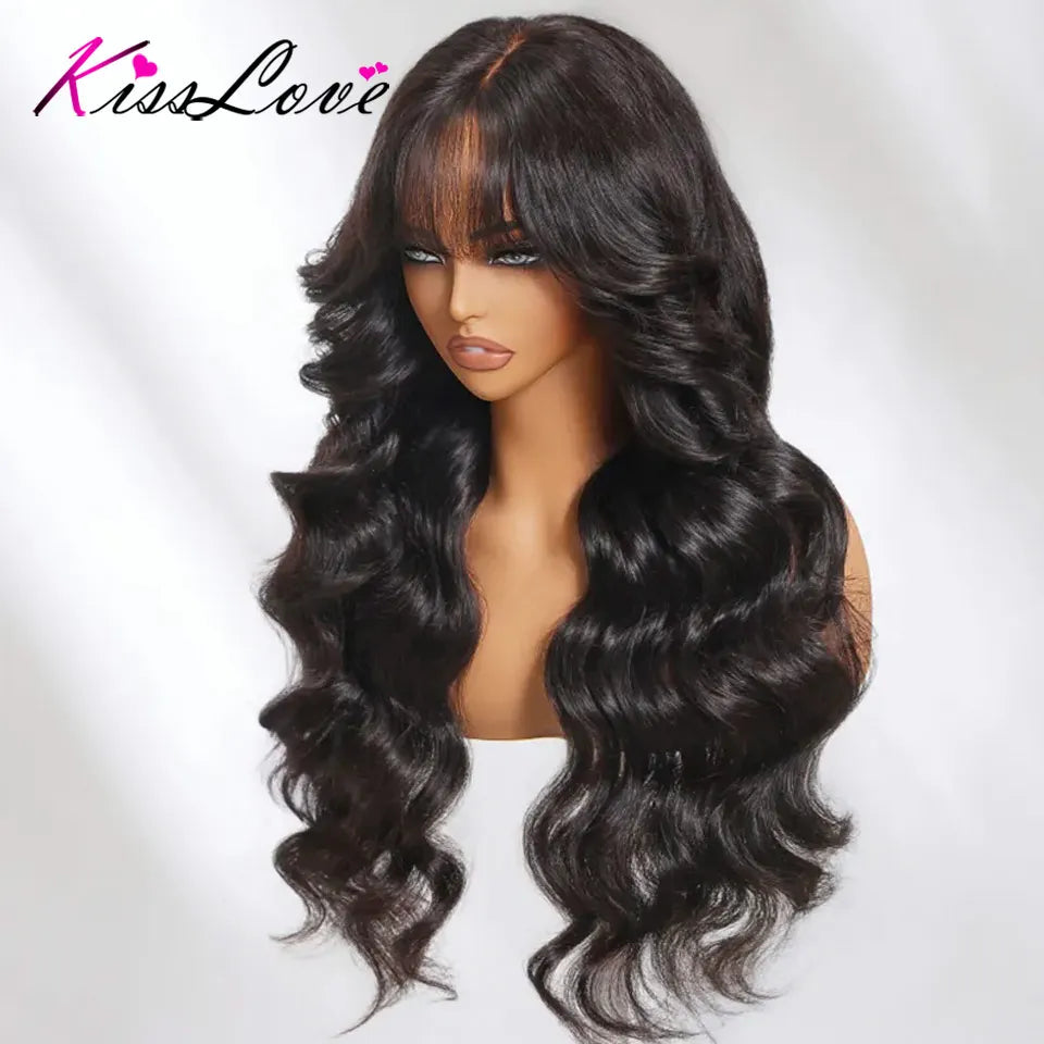 KissLove Invisi Strap 360 Lace Frontal Wigs Human Hair Layer Cut Body Wave with Bang Glueless Wigs Human Hair Salon Hairstyles