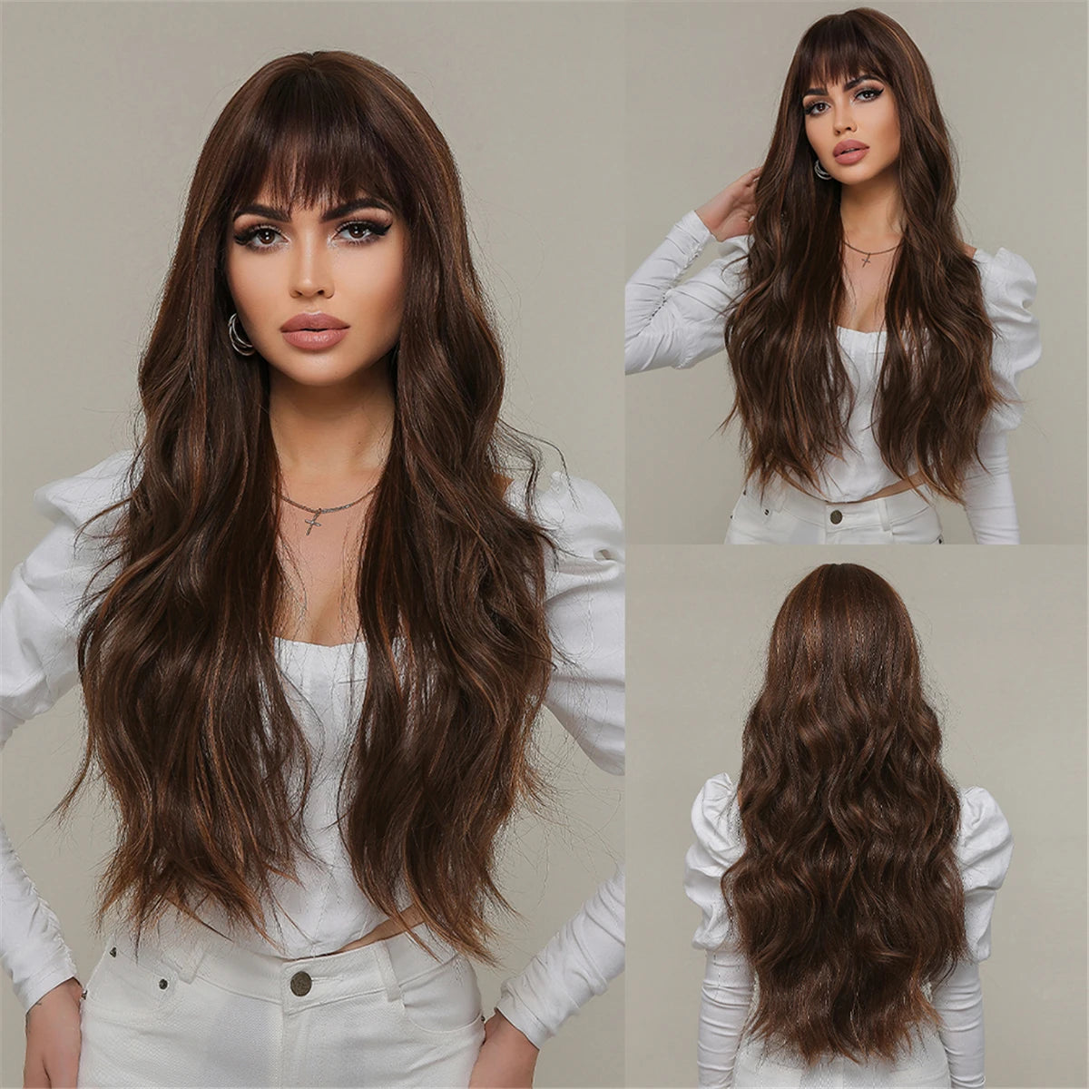 28 Inch Long Curly Wig With Bangs Ombre Brown Hair Wigs For Women Highlight Blonde Synthetic Wigs For Daily Party Heat Resistant