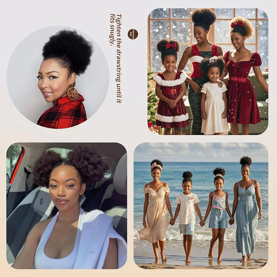 100% Human Hair Afro Kinky Puffs Drawstring Ponytail Extensions for Black Women 4# 99J 30# Kinky Curly Afro Puff Dount Chignon