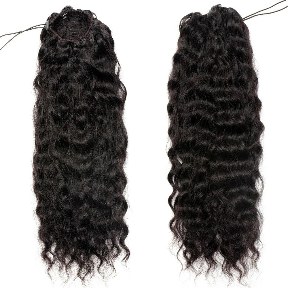 100g Natural Wave Drawstring Ponytail Human Hair Clip In Extensitons Natural Black Water Wave Pony Tail Brazilian Hair For Women