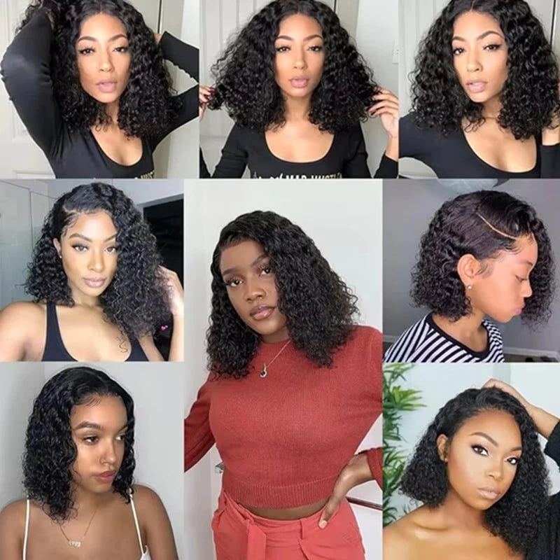 Deep Wave 13x4 Lace Frontal Bob Wig 200% Density Brazilian Pre Plucked 100% Human Hair Wigs #1B Water Wave Invisible Lace Wigs