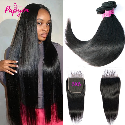 Straight Human Hair Bundles With Closure 6x6 Transparent Lace Closure Frontal Raw Human Hair Weave Bundles with Closure