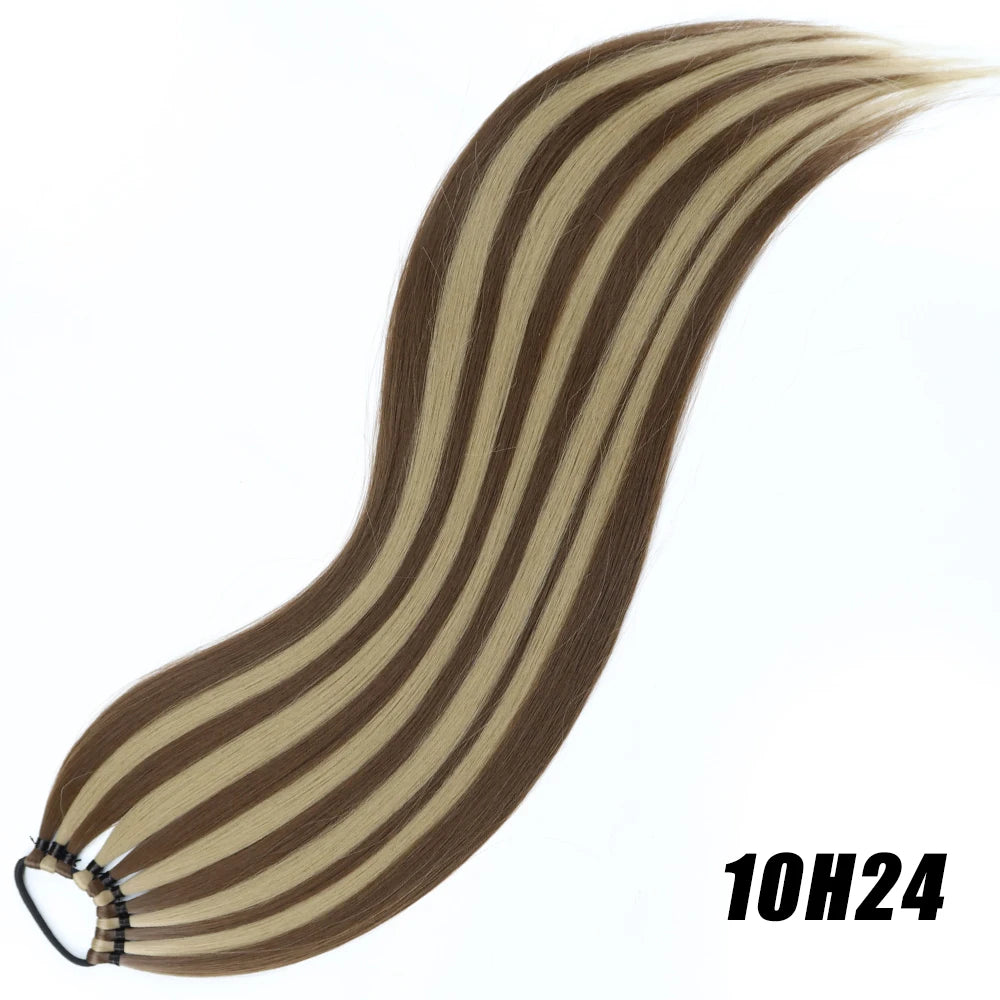 Synthetic 24Inch Ponytail Extensions Black Natural Braided Pony Tail Hairpiece Long Straight Rubber Band Hair For Women