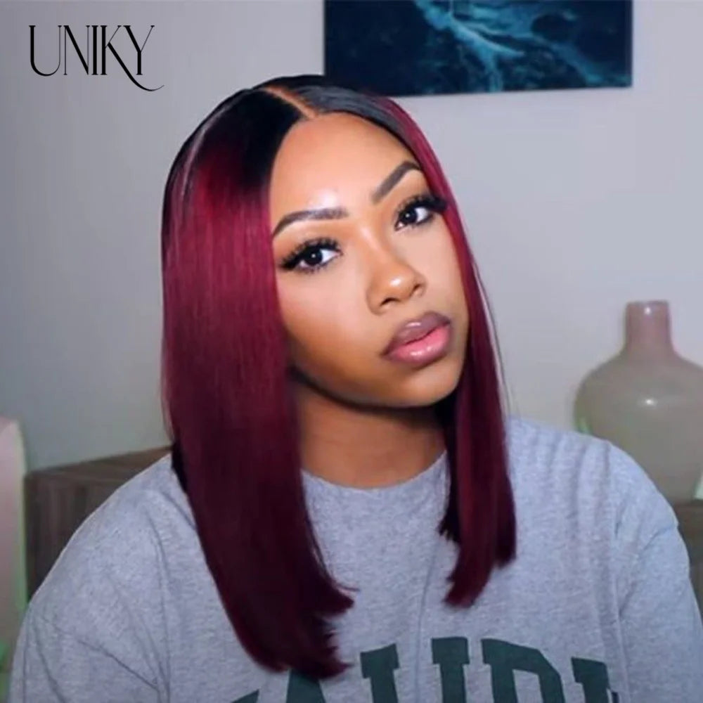 T1B/99j Burgundy Red Straight Bob T Part Lace Front Human Hair Wig For Women Colored Brazilian Remy Hair Natural Wig