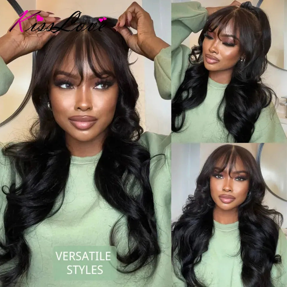 KissLove Invisi Strap 360 Lace Frontal Wigs Human Hair Layer Cut Body Wave with Bang Glueless Wigs Human Hair Salon Hairstyles