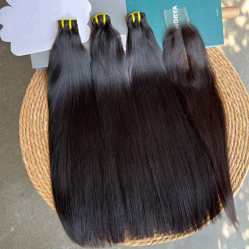 Bone Straight Double Drawn Human Hair Bundles With 2x6 HD Lace Closure Preplucked #1B Raw Virgin Human Hair Weaving Extensions