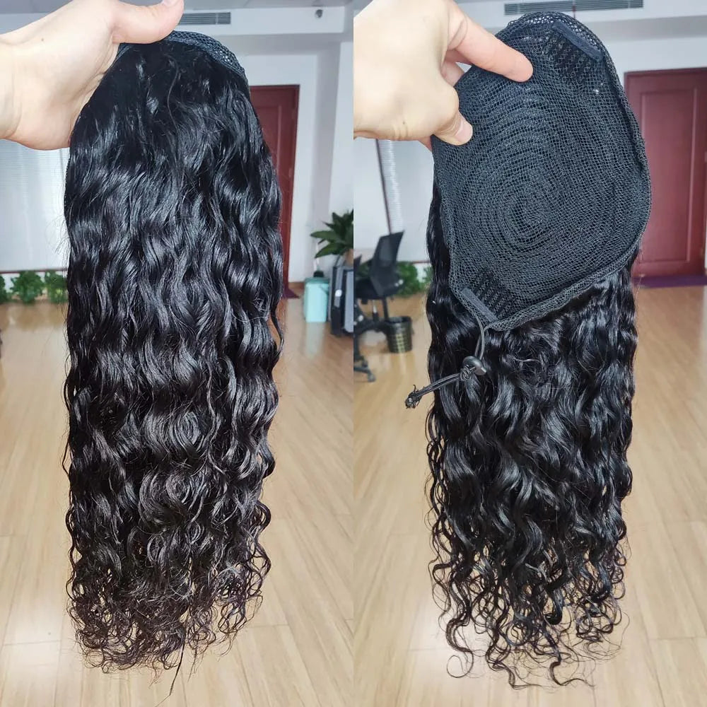 100g Natural Wave Drawstring Ponytail Human Hair Clip In Extensitons Natural Black Water Wave Pony Tail Brazilian Hair For Women