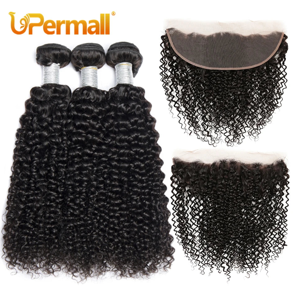 Upermall 2/3/4 Kinky Curly Human Hair Bundles With Frontal HD Transparent 13x4 Brazilian Jerry Curl Weave and Frontals Soft 10A