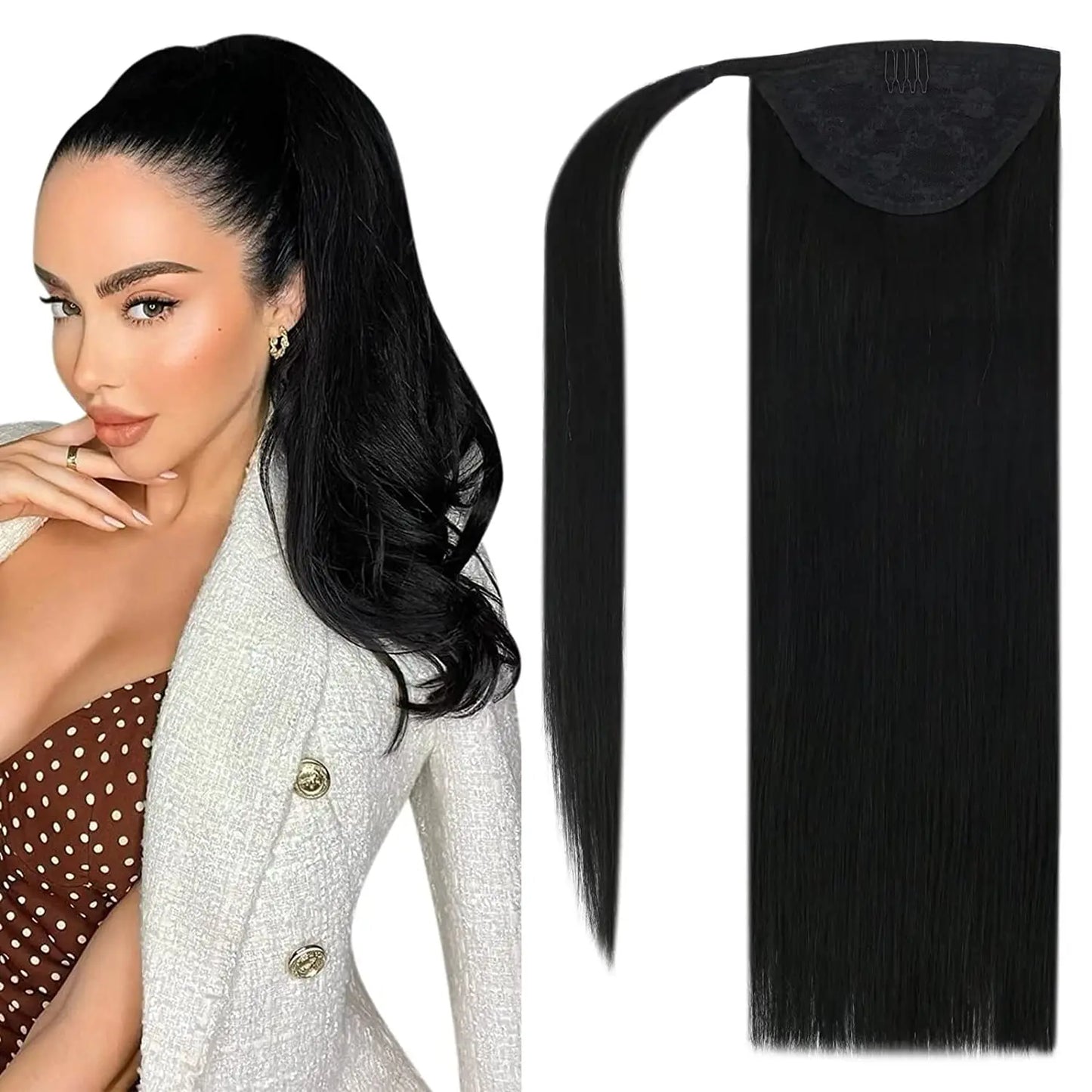 VeSunny Ponytail Human Hair Straight 80g Clip in Hair Extensions Human 14-22" Natural Hair Horse Tails No Claw Clip
