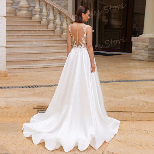 Sexy Fascinating A Line Women Wedding Dresses Lace Appliques V Neck Bridal Gowns Sleeveless High Split Abiti Da Sposa Customized