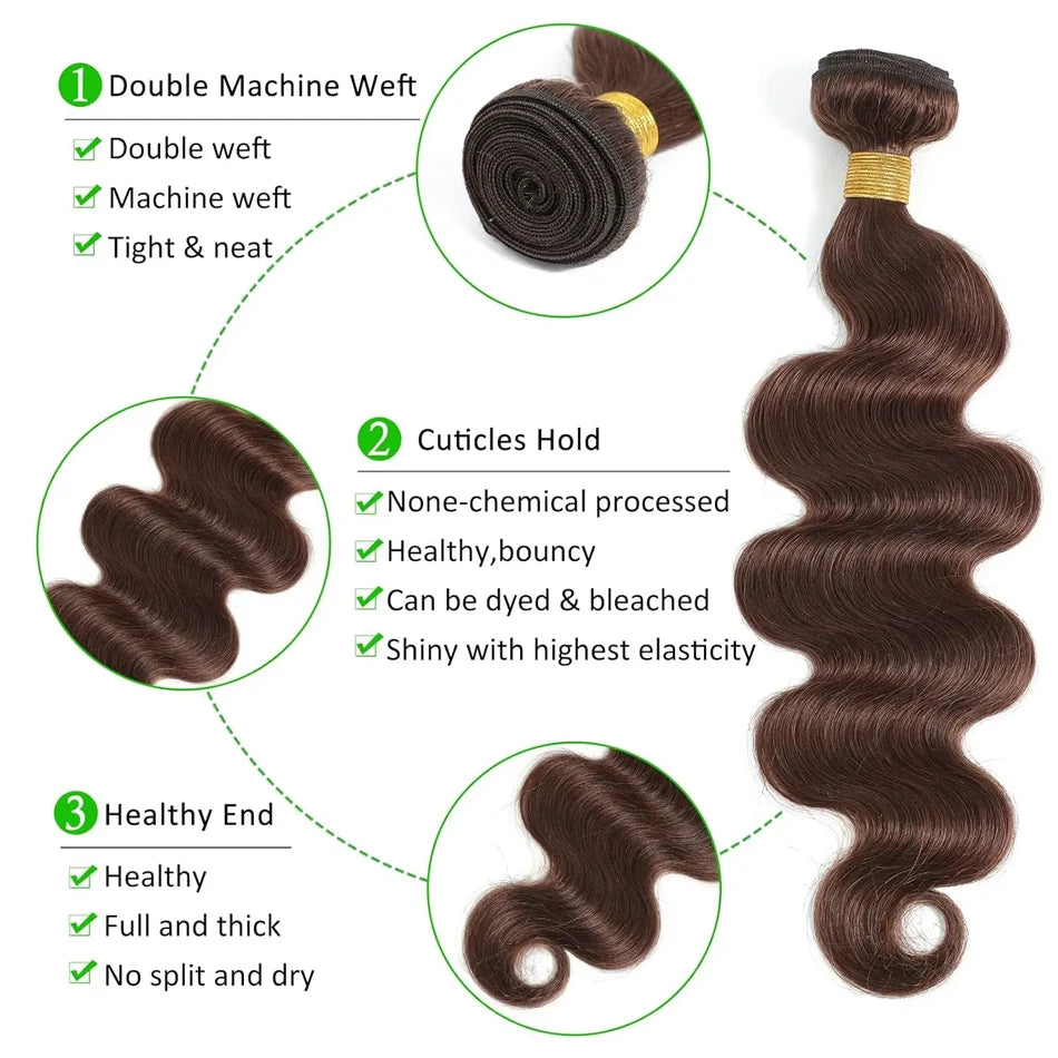 Brown Body Wave Bundles Human Hair Brazilian Hair Weave Bundles 1/3/4 PCS Human Hair Bundles #4 Brown 100% Remy Hair Extensions