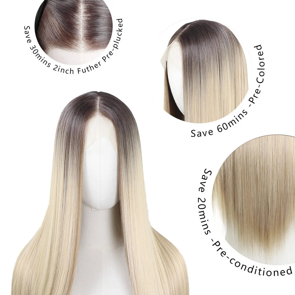 30 Inch Highlight Blonde Synthetic Lace Front Wigs Dark Roots Straight Long Ombre Ash Blonde Pre Plucked Colored Wigs for Women