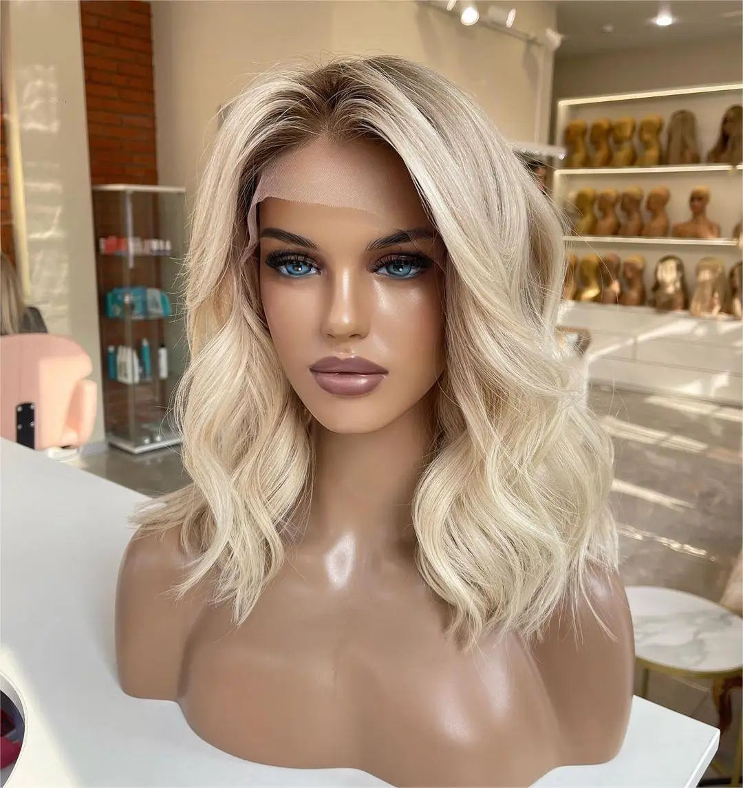 Moonlass Short Bob Cut Ash Blonde With Dark Root 100% Human Hair Wigs 220% Density Body Wave 13x4 Transparen Lace Front Wigs