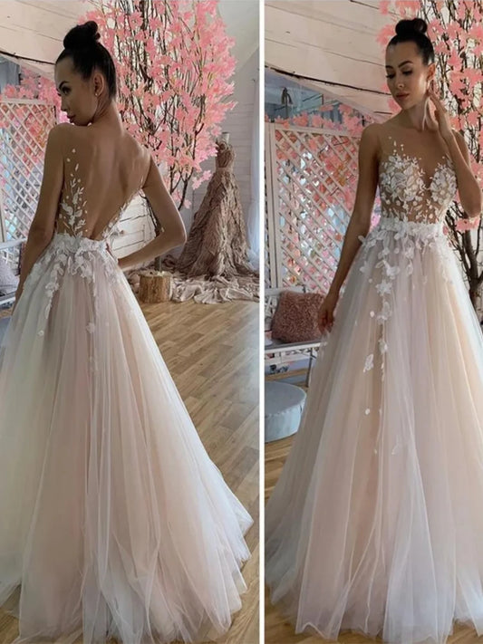 Sexy Illusion O-neck Tulle Wedding Dress for Bride Appliques Lace Beach A-line Bridal Gown Backless vestido de novia