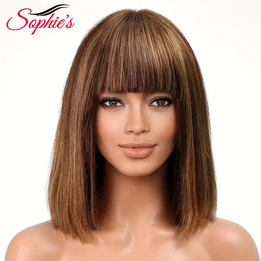 Sophies P4/27# Color Full Machine Made Bob Wig With Bang Human Hair Wigs 180% Density Brazilian Hair Remy Hair 10-14 inch Wigs