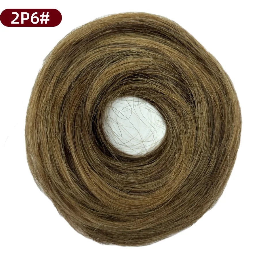 Messy Bun Hair Piece Human Hair Natural Black Wavy Tousled Stretchy Fluffy Donut Updo Elegant Chignon with Elastic Rubber Band