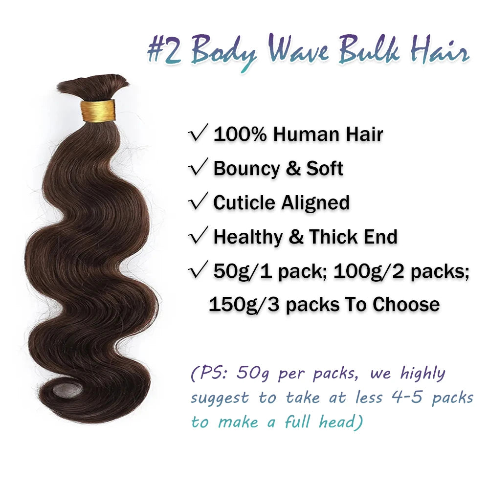 Body Wave Bulk Hair For Braiding Dark Brown #2 Hair Bundle Raw Indian Hair 100% Unprocessed Human Hair Extensions 100G Hair Bulk