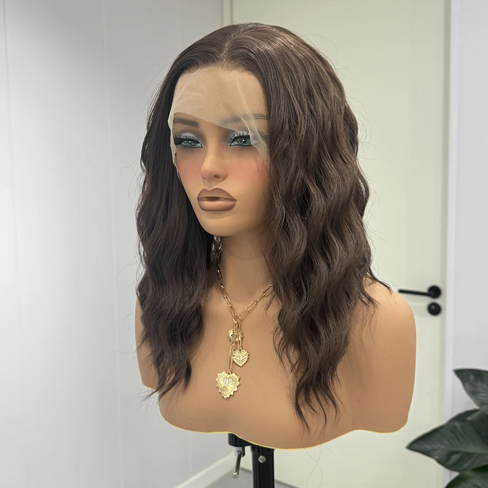 Dark Brown Short Wave Wig Synthetic Lace Bob Wig Natural Wavy Lace Wig Brown Wig Frontal Lace Wigs for Women Daily Wear Party