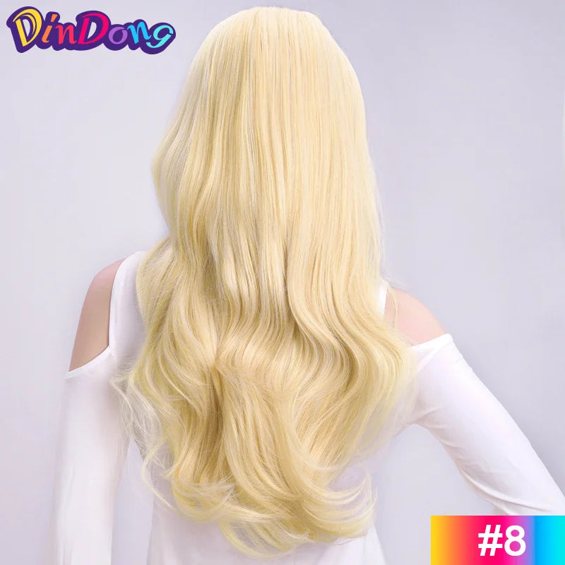 24 Inch Long Wavy Head Tied  3/4 Half Wigs With Clips In, Synthetic Fibers Hair Extension Wigs For Women