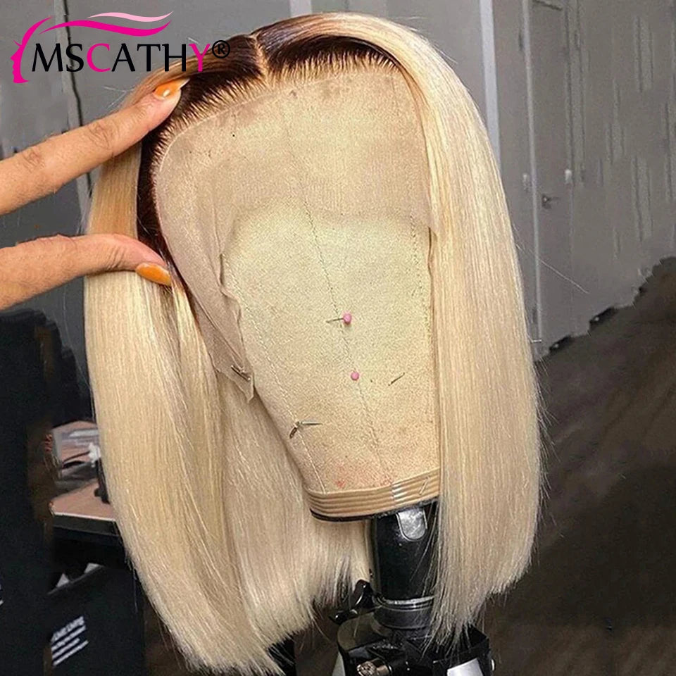 13x6 Blonde Ombre Human Hair Wigs For Women Short Straight Bob Lace Front Wig With Roots 13x4 HD Transparent Lace Remy Hair Wig