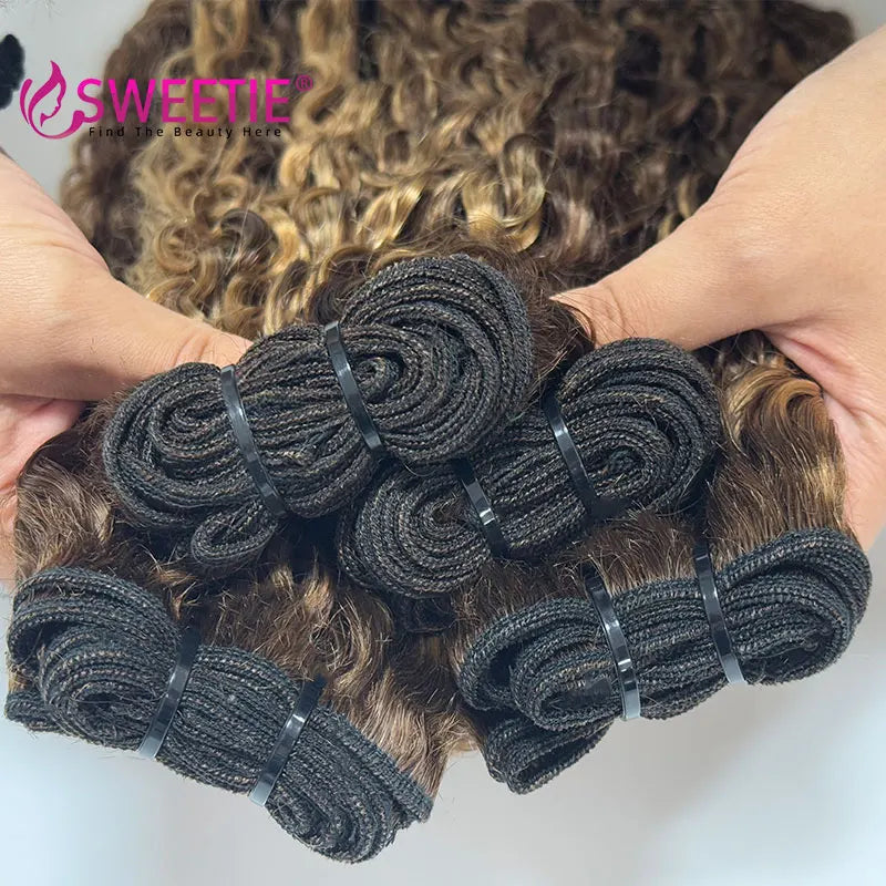12A P4/27 Burmese Curly Human Hair Bundle Highlight Pixie Curls Human Hair Extensions Honey Blonde Vietnamese Raw Human Hair