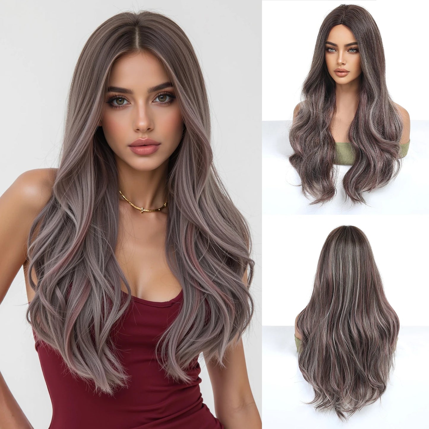 Blonde Brown Synthetic Wig With Bangs Long Curly Wigs For Women Ombre Blonde Wigs Dark Roots Heat Resistant Wigs For Daily Party