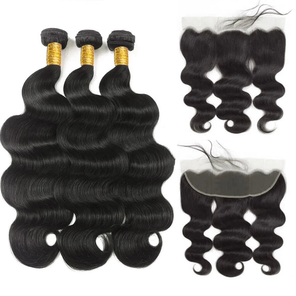 Body Wave 3 Bundles Human Hair With Frontal 13x4 Transparent Lace Frontal 100% Natural Human Hair Extensions Brazilian Real Hair
