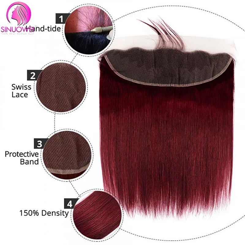 1B99J Ombre Straight Bundles With 13x4 Lace Frontal Human Hair 3/4 Bundles With Red Burgundy Straight Virgin Hair Closure