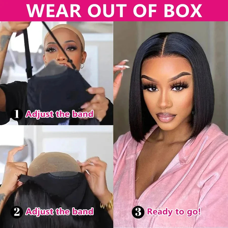 Short Bob Wigs Straight Glueless Wig Ready To Wear Human Hair Wigs Pre Cut 4x4 Elastic Drawstring Upgraded No Glue Lace Air Wig