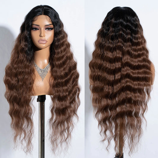 Synthetic Lace Wig Long Deep Wavy Ombre Blonde Brown Lace Wigs For Black Women Heat Resistant Cosplay Wigs