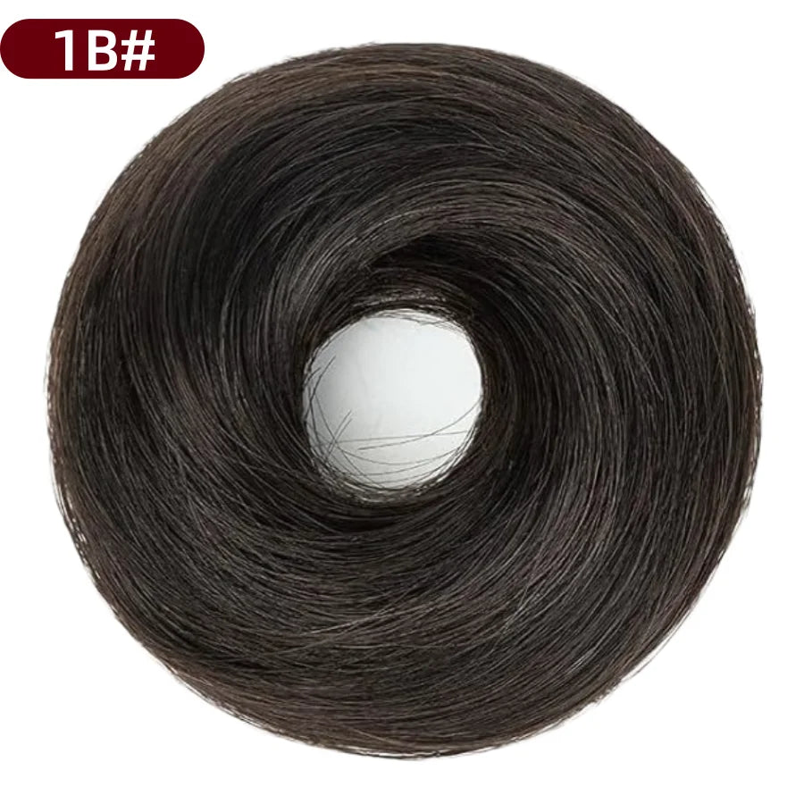 Messy Bun Hair Piece Human Hair Natural Black Wavy Tousled Stretchy Fluffy Donut Updo Elegant Chignon with Elastic Rubber Band