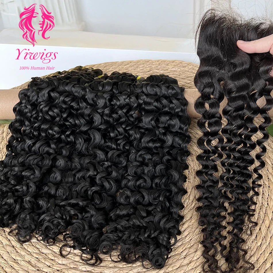 Yiwigs 12A Grade Double Drawn Deep Curly 100% Raw Virgin Human Hair Bundles With 4x4 Real HD Lace Closure Hair Weave Extensions