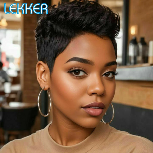 Lekker Short Pixie Cut Straight Lace Front 100% Human Hair Wigs For Women Brazilian Remy Hair Slick Back Daily Glueless Wigs