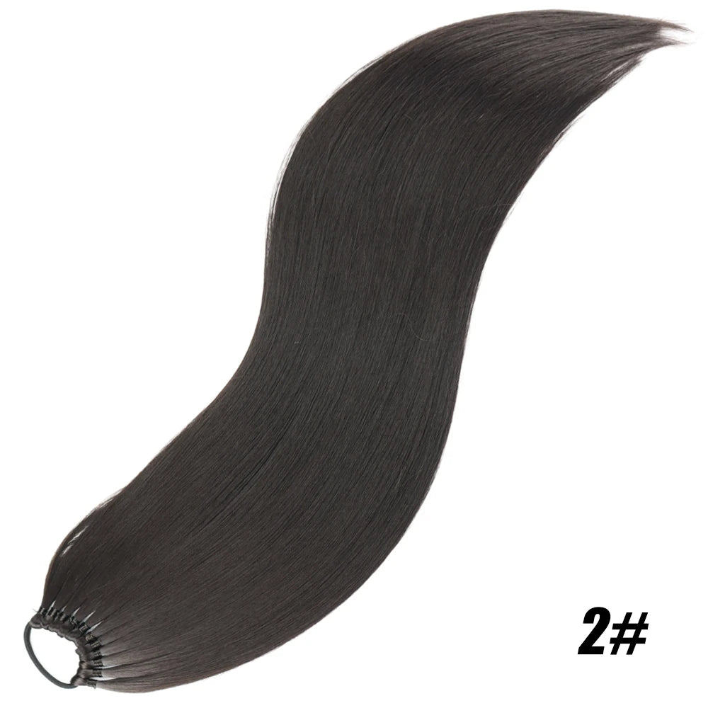 Synthetic 24Inch Ponytail Extensions Black Natural Braided Pony Tail Hairpiece Long Straight Rubber Band Hair For Women