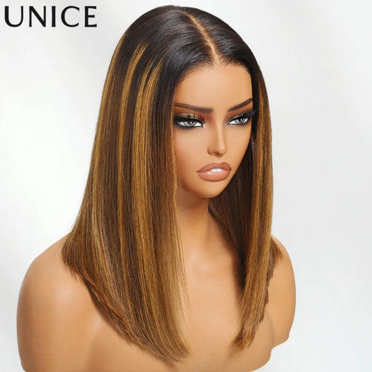 Unice Hair Brown Piano Highlight Straight Bob Wig 7x5 Pre Cut Pre Bleached Glueless Wig Human Hair Ready To Wear 150% Density