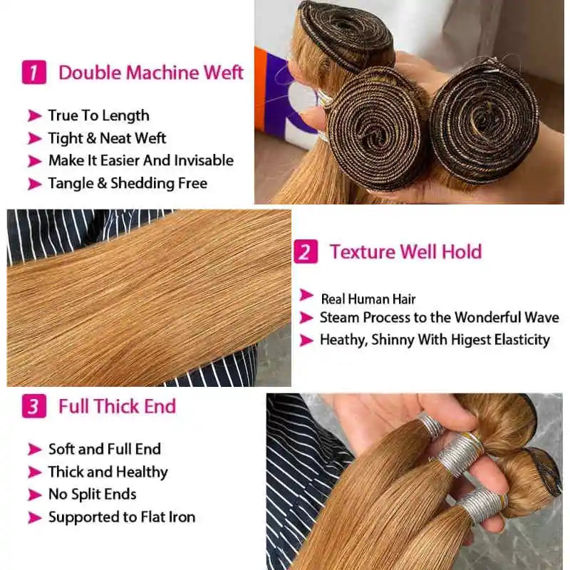 #27 Straight Human Hair Bundles 3 Bundles 8-30 Inch 100g/Bundle Brazilian Virgin Honey Blonde Hair Extensions Weave Gold Hair