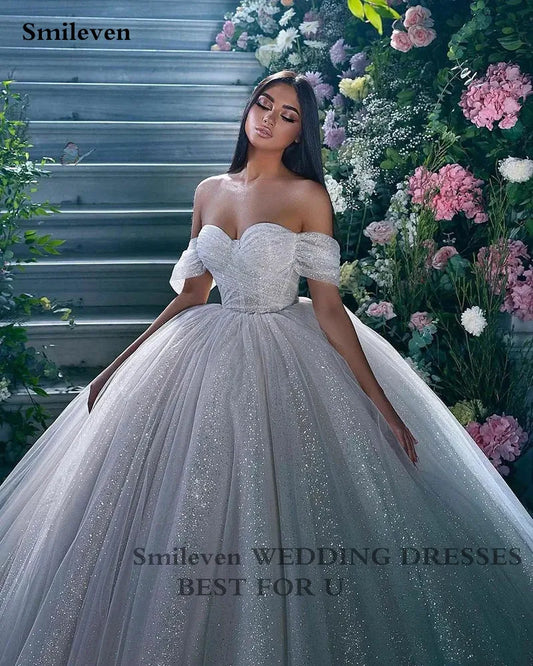 Smileven Princess Wedding Dress Ball Gowns Glitter Tulle Sweetheart Bride Dresses Robe De Mariee Off The Shoulder Wedding Gowns