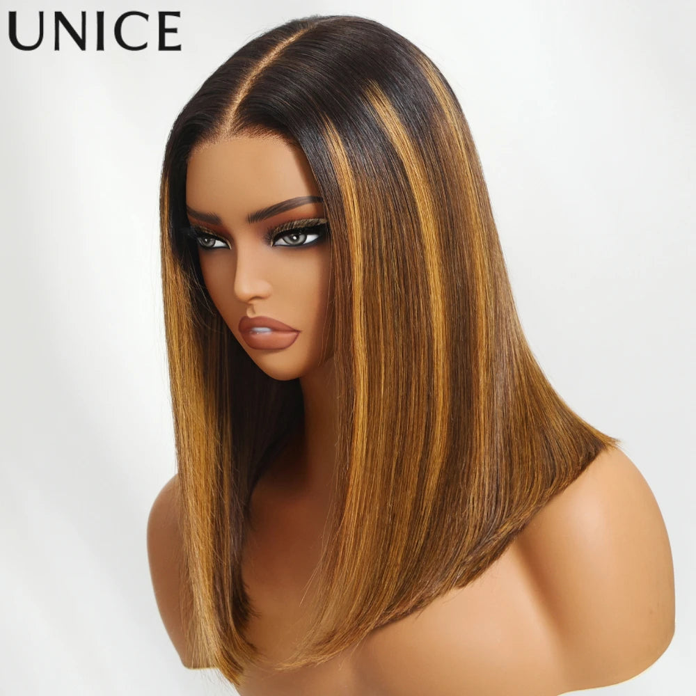 Unice Hair Brown Piano Highlight Straight Bob Wig 7x5 Pre Cut Pre Bleached Glueless Wig Human Hair Ready To Wear 150% Density
