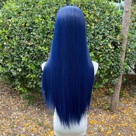 Dark Blue 13X4 Synthetic Lace Front Wigs for Women 26 Inch Long Sliky Straight Lace Wigs Half Hand Tied 150% Density Glueless