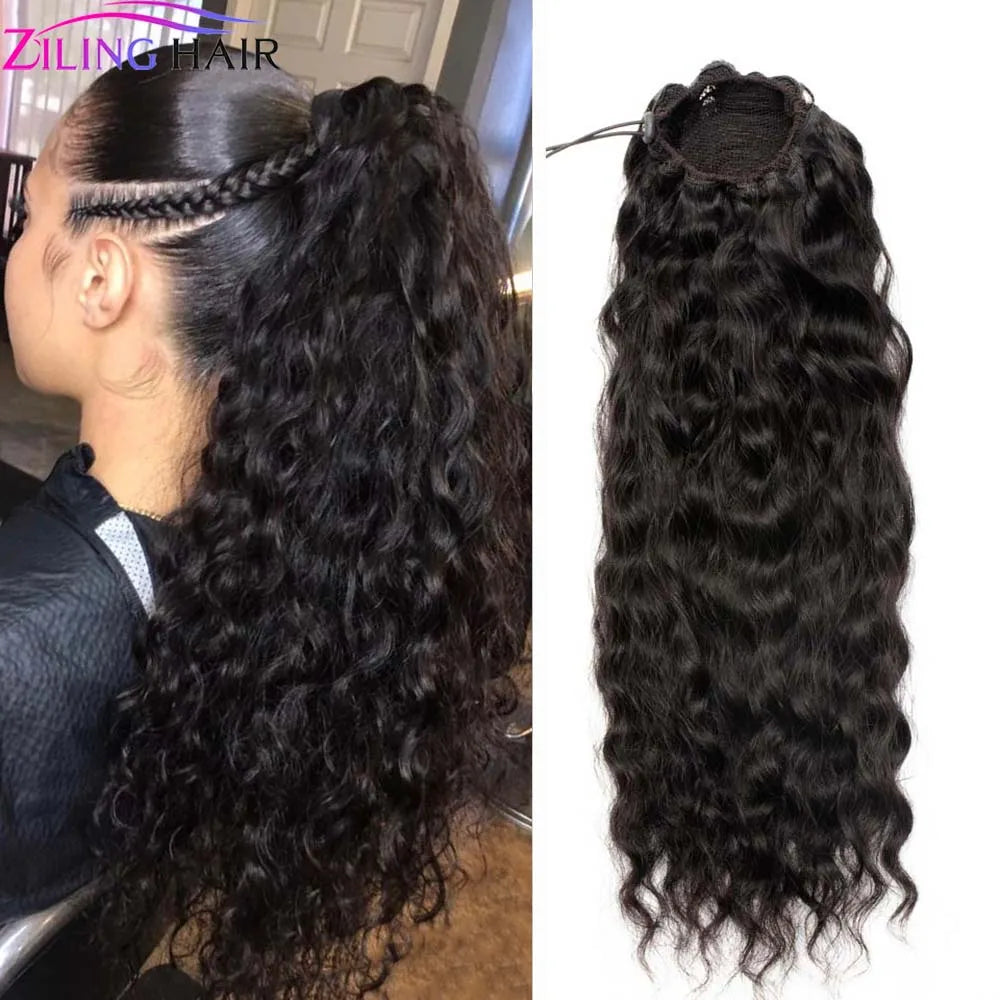 100g Natural Wave Drawstring Ponytail Human Hair Clip In Extensitons Natural Black Water Wave Pony Tail Brazilian Hair For Women
