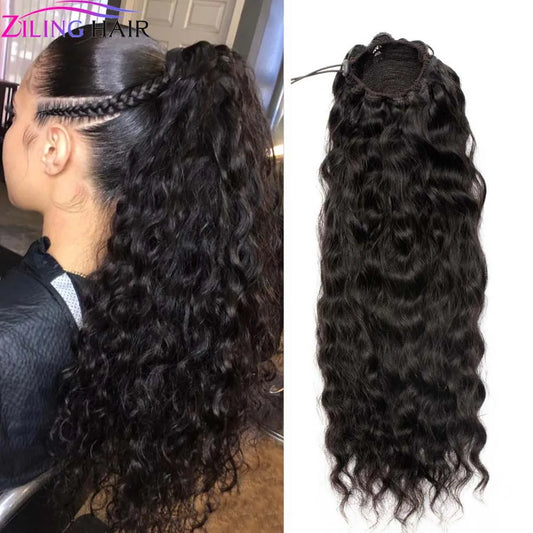 100g Natural Wave Drawstring Ponytail Human Hair Clip In Extensitons Natural Black Water Wave Pony Tail Brazilian Hair For Women