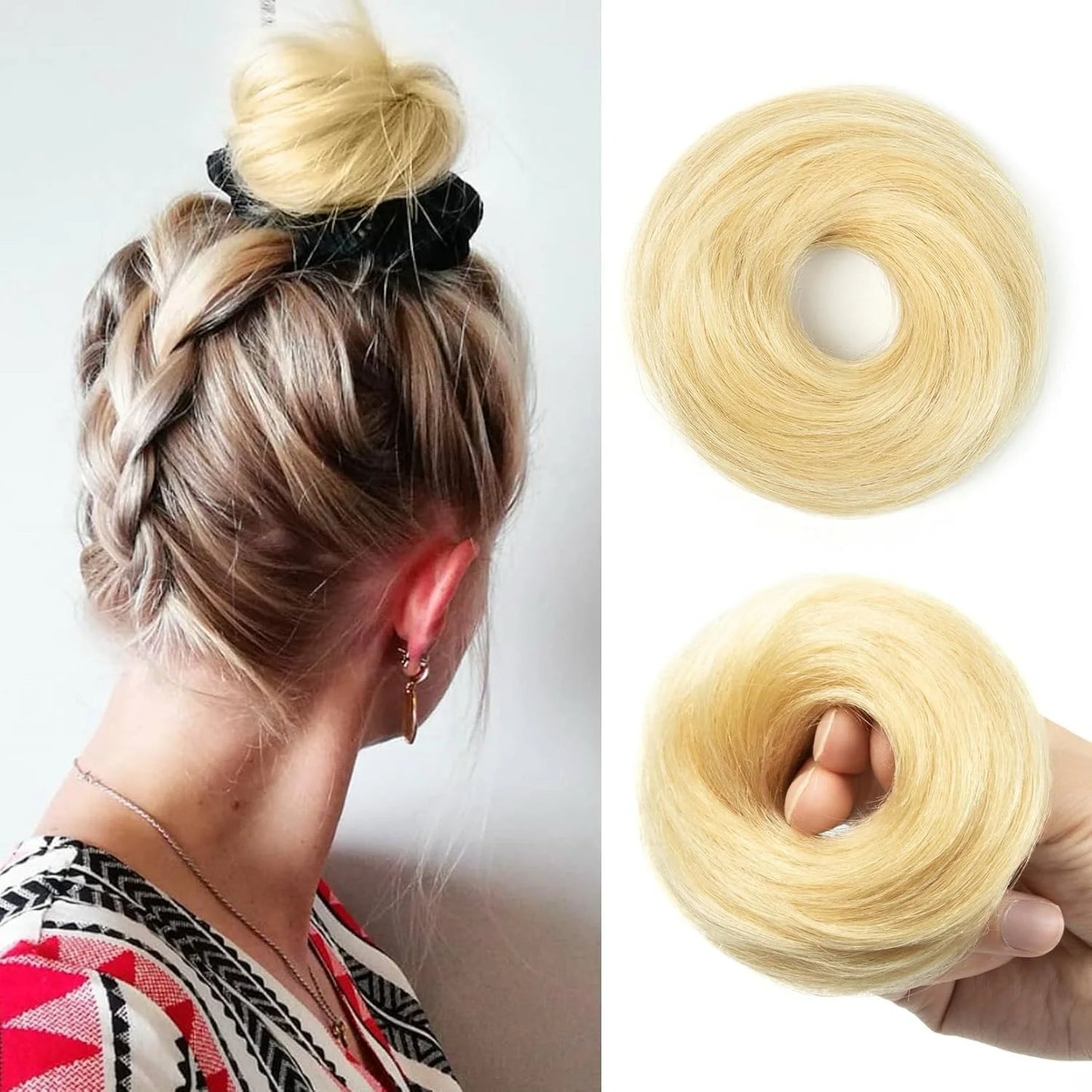 Messy Bun Hair Piece Human Hair Natural Black Wavy Tousled Stretchy Fluffy Donut Updo Elegant Chignon with Elastic Rubber Band