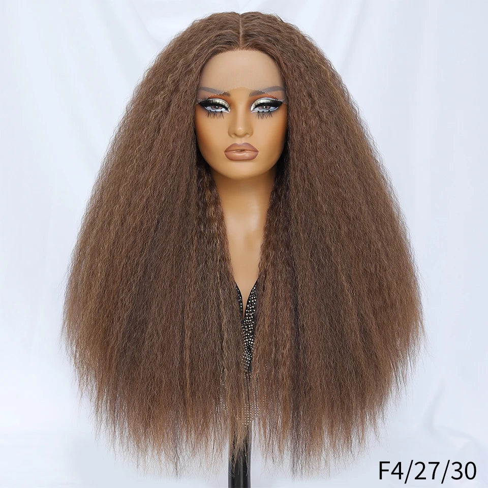 28 Inch Kinky Straight Lace Wigs Synthetic Black T Part Yaki Straight Lace Front Wigs For Women Brown Afro Wigs With Hair Line