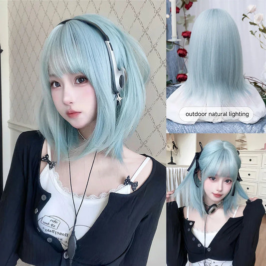 16Inch Lolita Ice Blue Synthetic Lolita Wig With Bang Medium Natural Straight Hair Wigs for Women Daily Cosplay Heat Resistant