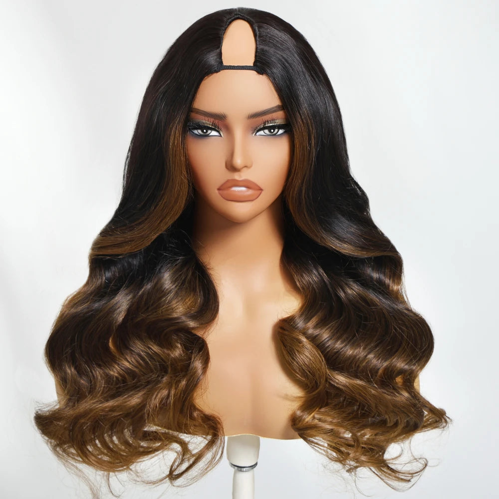 Unice Hair Chestnut Brown Ombre Body Wave V Part Wig With Drawstring Human Hair Glueless Wig Minimal Leave Out Beginner Friendly